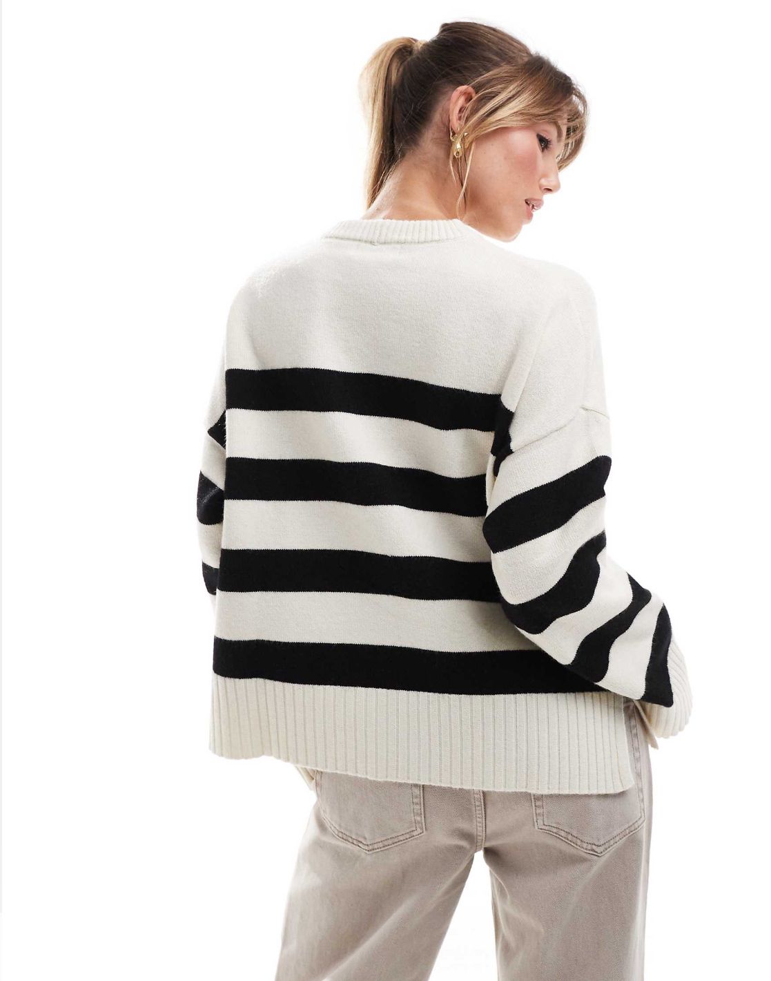 Bershka chunky crew neck jumper in ecru & black stripe